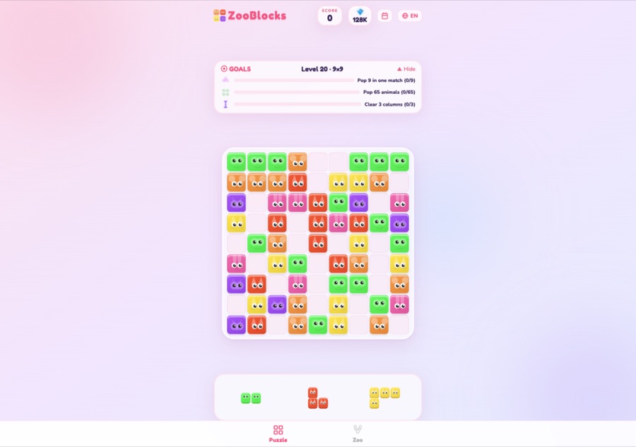 Level 20 ZooBlocks board with three goals: pop 9 in one match, pop 65 animals, clear 3 columns