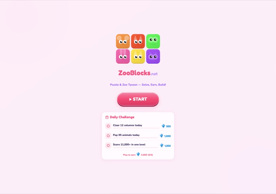 ZooBlocks start screen with the six core animals, Start button, and today's Daily Challenge quests